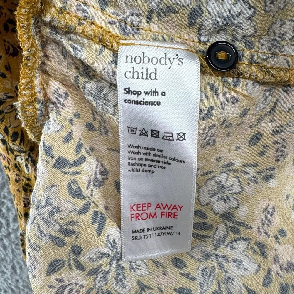 Nobody’s Child Mustard Floral Ruffle Mock Neck Peplum Blouse Long Sleeve Size 10